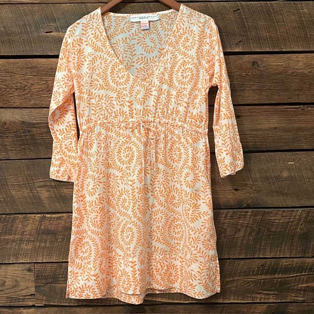 Gretchen Scott Designs orange white leafy print mini dress drawstring waist S